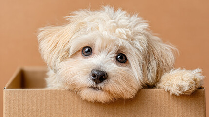 Minimal Shih Tzu, Fluffy dog peeking out from a box with an expressive gaze.
