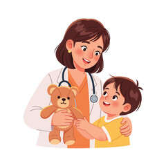 A friendly pediatrician comforts a young boy during a checkup, holding a teddy bear.