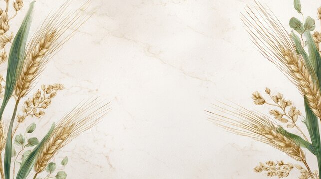 Watercolor wheat sprigs on a marble background