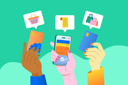 Hands Holding Credit Cards and Smartphone for Online Shopping