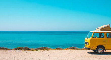 Fototapeta premium A vintage yellow van parked by the serene seaside, evoking a sense of freedom and travel adventures