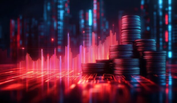 Stacks of coins displayed on a digital interface with glowing red and blue financial graphs and data in a futuristic environment - Powered by Adobe
