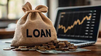 Bag labeled loan with coins stacked and scattered on a table beside a laptop showing financial growth chart, symbolizing money, finance, and loan concepts