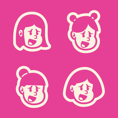 Vector cartoon of four smiling girl faces with cute hairstyles on bold pink background. Playful and fun character set, perfect for kids branding, icons, or mascot use. EPS format