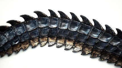 Close-up view of a shiny, dark, segmented reptile tail with curved, sharp ridges on a white background, showing detailed textures and reflections
