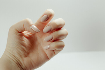 Close-up of poorly done gel manicure with visible cuticle overpainting and uneven nail polish application, educational beauty reference on nail care mistakes