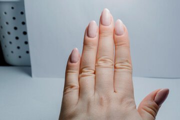 Close-up of poorly done gel manicure with visible cuticle overpainting and uneven nail polish application, educational beauty reference on nail care mistakes