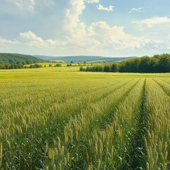 Fototapeta premium Expansive golden wheat field under a bright blue sky with scattered white clouds and distant forested hills, evoking calm and natural beauty