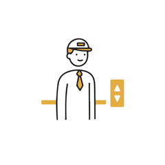 Minimalist illustration of elevator operator smiling with button indicator  