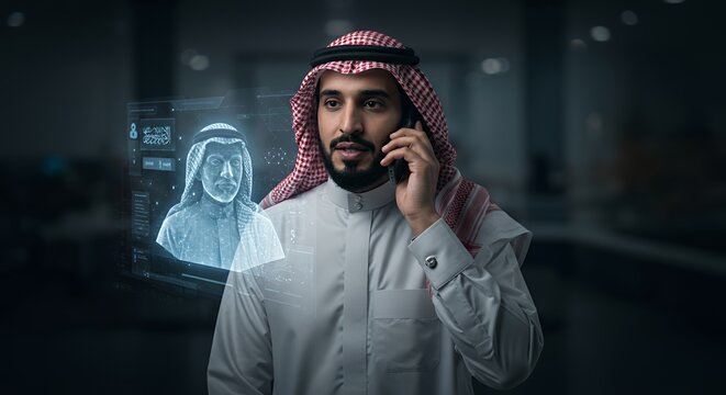 Modern Arab man on a phone call, futuristic holographic facial recognition technology displayed.