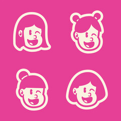 Vector cartoon of four smiling girl faces with cute hairstyles on bold pink background. Playful and fun character set, perfect for kids branding, icons, or mascot use. EPS format