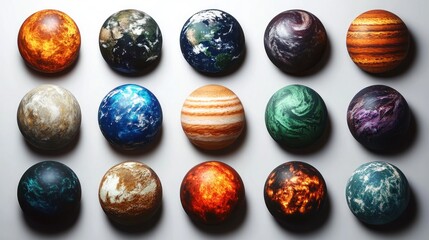 Collection of sixteen colorful spherical models resembling planets with various textures and colors arranged in a grid on a white background