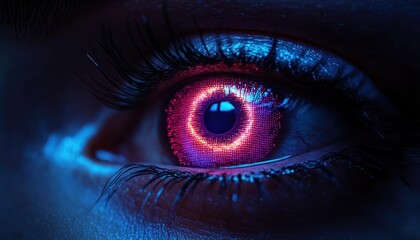 Close-up of a human eye with a futuristic glowing digital iris displaying pink and blue circular patterns emitting neon light