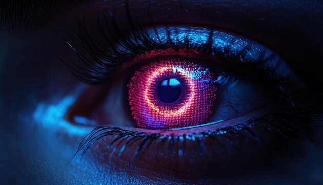 Close-up of a human eye with a futuristic glowing digital iris displaying pink and blue circular patterns emitting neon light