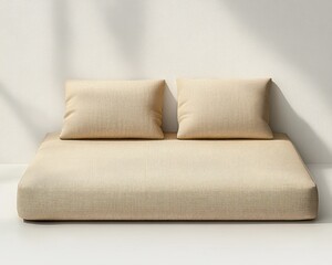 Minimalist beige sofa with two matching cushions placed against a plain white wall under soft natural light creating calm and cozy atmosphere