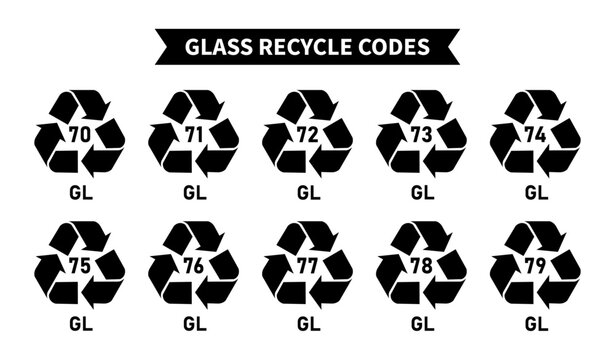 Glass recycling codes icon set, triangular glass and bottle recycling symbols, codes 70, 71, 72, 73, 74, 75, 76, 77, 78, 79 for factory and industrial products, gl symbols, Vector illustration