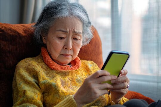 Elderly woman in a yellow sweater sitting on an orange chair looking intently and concerned at a smartphone in her hands near a window with sheer curtains