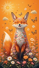 Obraz premium A smiling fox stands in a field of flowers with butterflies around it