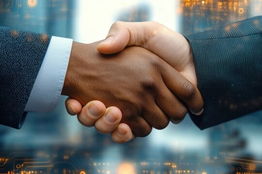 Close-up of two businessmen shaking hands with blurred cityscape and digital data overlay in the background symbolizing partnership and agreement