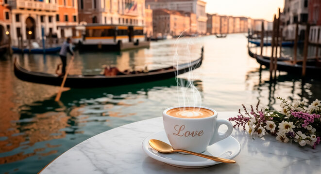 venice grand canal espresso cup, with the word "Love" written in delicate typography, on a marble table near the Grand Canal in Venice