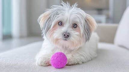 Minimal Shih Tzu, Playful dog with a toy resting on a cozy surface.
