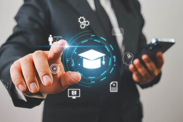 Education, E-learning technology concept. AI and machine learning enhance personalized learning. Technology course, business training. E-learning, online education, education, internet learning.