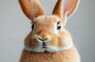 Close-up portrait of a curious light brown rabbit with large ears and shiny eyes against a soft grey background