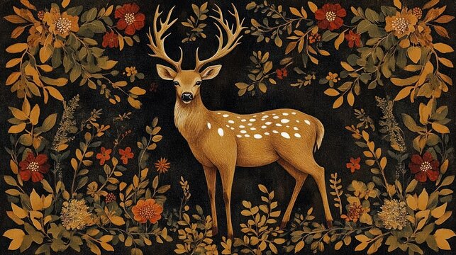 Illustration of a graceful deer with large antlers standing amidst a lush arrangement of autumnal flowers and foliage on a dark background