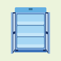Illustration of a blue fridge with two open doors and three empty shelves, suitable for household appliances, kitchens, food coolers, minimalist designs, daily illustration needs.