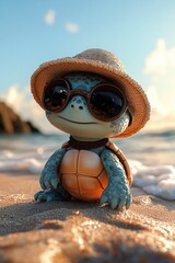 Obraz premium cute baby turtle wearing a woven sunhat and large sunglasses sitting on sandy beach with ocean waves and rocks in background under bright sky