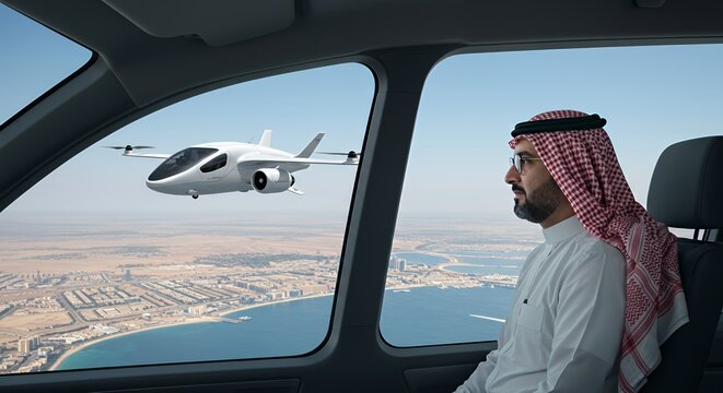 Man in traditional attire observes a futuristic aircraft flying over a coastal city from a self-driving car.