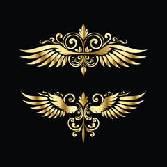 Gold floral round frame on black background. Vector design element for greeting card, wedding invitation, save the date card. Vintage gold floral round frame. Luxury design element. Vector illustrati
