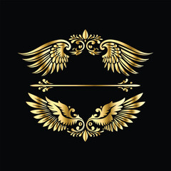 Gold floral round frame on black background. Vector design element for greeting card, wedding invitation, save the date card. Vintage gold floral round frame. Luxury design element. Vector illustrati
