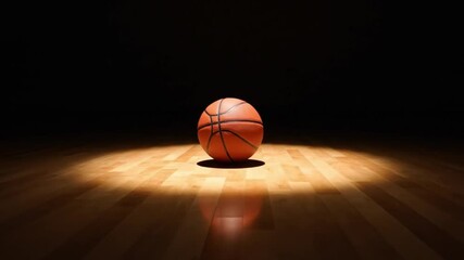 A single basketball resting on a polished wooden court under a dramatic spotlight, with shadows stretching across the floor

 - Powered by Adobe