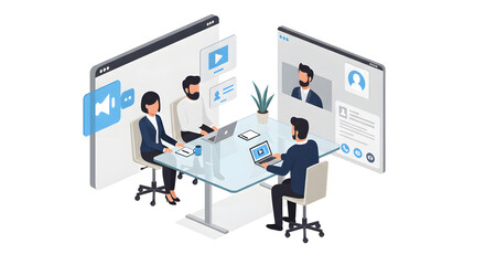 Business Team Virtual Meeting Using Laptop Computers at Glass Conference Table