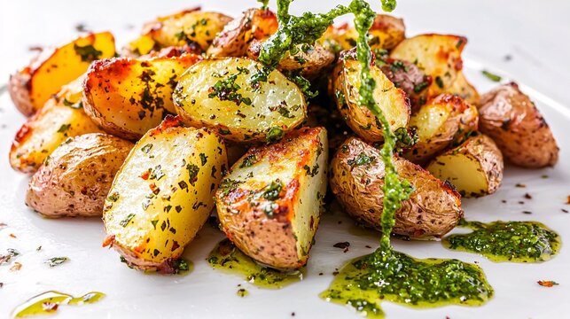 Chimichurri sauce splashing onto roasted potatoes, its green herb flecks adding freshness and visual appeal, isolated on white background,