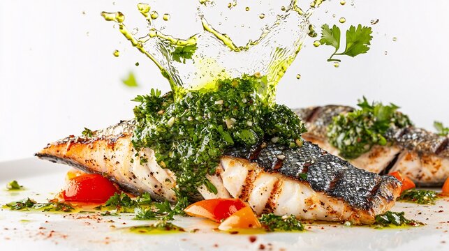 Chimichurri sauce splashing onto grilled fish, its vibrant green hue adding freshness and texture, isolated on white background,
