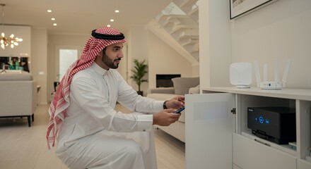 Man in traditional clothing uses a smartphone to manage home network equipment, seamlessly integrating technology into his modern lifestyle.