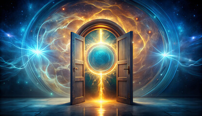 A mystical open door reveals a bright portal to another universe filled with cosmic energy and swirling nebulae