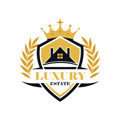 Luxury Real Estate Crest Logo with Crown, Elegant Home Silhouette, Premium Royal Property Emblem, Gold Vintage Heraldic House Badge.