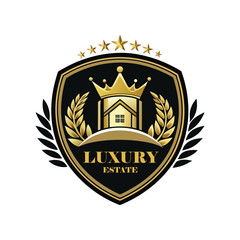 Luxury Real Estate Crest Logo with Crown, Elegant Home Silhouette, Premium Royal Property Emblem, Gold Vintage Heraldic House Badge.