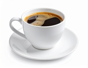 A hot cup of coffee on a white backdrop. 