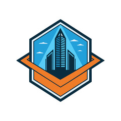 Modern Skyscraper Icon in Diamond Shape with Elegant Serif Font. Corporate Real Estate, Architecture, Building Logo Vector Design