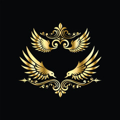 Obraz premium Gold floral round frame on black background. Vector design element for greeting card, wedding invitation, save the date card. Vintage gold floral round frame. Luxury design element. Vector illustrati 