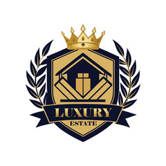 Luxury Real Estate Crest Logo with Crown, Elegant Home Silhouette, Premium Royal Property Emblem, Gold Vintage Heraldic House Badge.