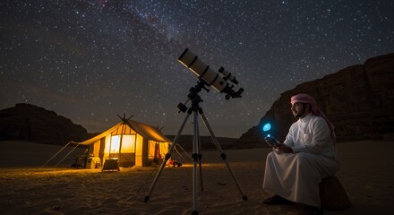 Stargazing in the Desert: A lone traveler observes the night sky with a telescope, illuminated by a desert camp.