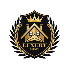 Luxury Real Estate Crest Logo with Crown, Elegant Home Silhouette, Premium Royal Property Emblem, Gold Vintage Heraldic House Badge.