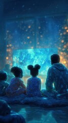 Father and kids mesmerized by glowing TV against nighttime window