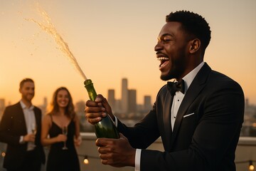 African-American man popping champagne on rooftop at sunset