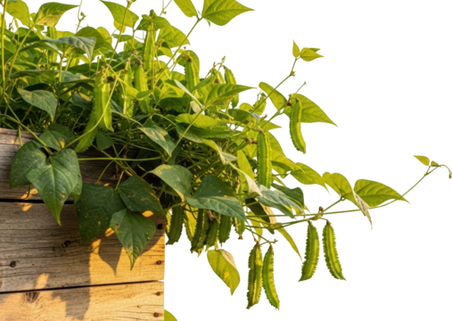 Winged bean plant with developing pods growing from a wooden structure transparent background